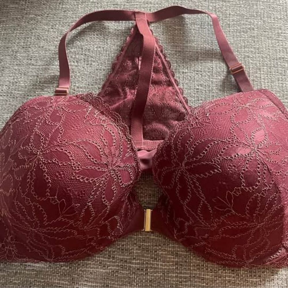 Cacique Burgundy Lace Front-Close Racerback Bra 46 C